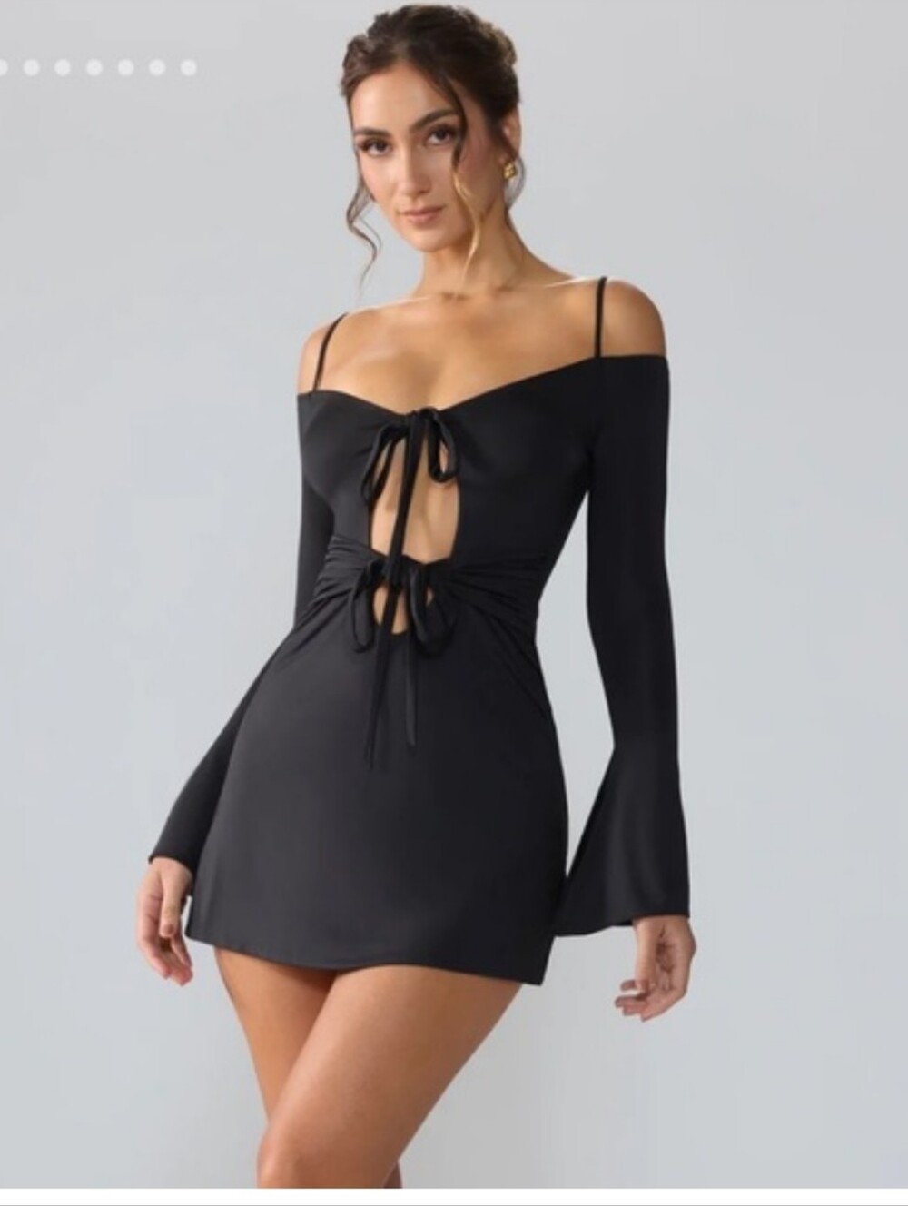 Oh Polly Sidney Long Sleeve Mini Dress Black Off-Shoulder Tie Front Contour